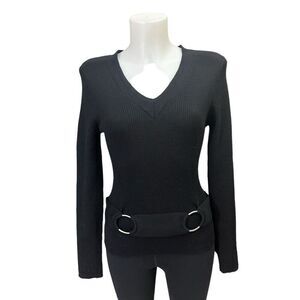 Mercer & Madison Black Ribbed Knit V Neck Merino Wool Belted Sweater Medium